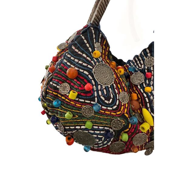 Chico's Heavily Beaded Coins Handbag Art to Wear Boho Kaleidoscop Silver Rings - Picture 7 of 9